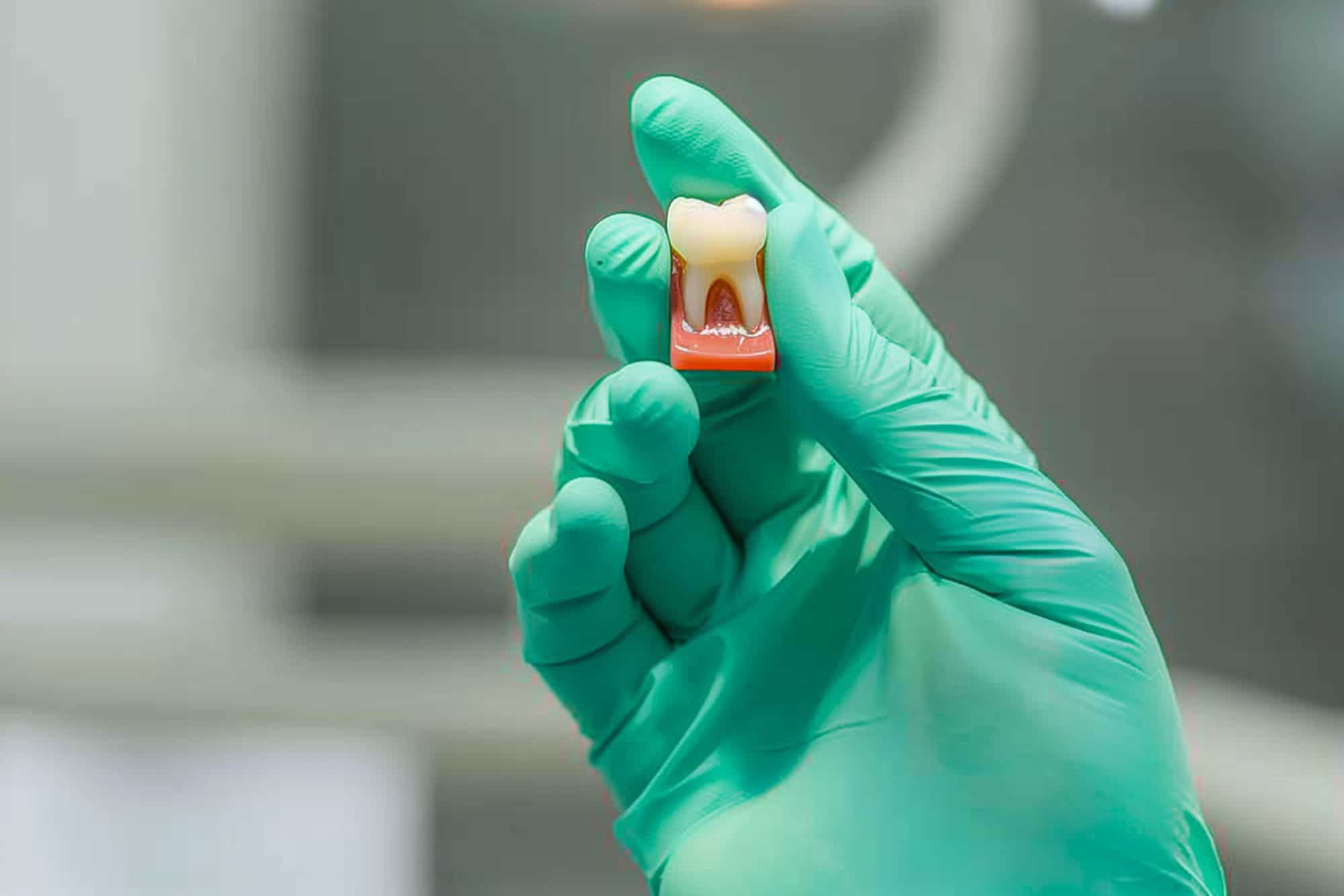 A closeup shot of the dentist's gloved hand holding a tooth model